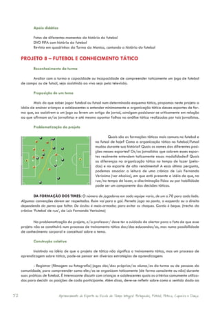 Apoio didático

             Fotos de diferentes momentos da história do futebol
             DVD FIFA com história do futebol
             Revista em quadrinhos da Turma da Monica, contando a história do futebol

     PROJETO 8 – FUTEBOL E CONHECIMENTO TÁTICO
             Reconhecimento da turma

           Avaliar com a turma a capacidade ou incapacidade de compreender taticamente um jogo de futebol
     de campo ou de futsal, seja assistindo ao vivo seja pela televisão.

             Proposição de um tema

             Mais do que saber jogar futebol ou futsal num determinado esquema tático, propomos neste projeto a
     idéia de ensinar crianças e adolescentes a entender minimamente a organização tática desses esportes de for-
     ma que, ao assistirem a um jogo ou lerem um artigo de jornal, consigam posicionar-se criticamente em relação
     ao que afirmam os/as jornalistas e até mesmo apontar falhas na análise tática realizadas por tais jornalistas.

             Problematização do projeto

                                                               Quais são as formações táticas mais comuns no futebol e
                                                       no futsal de hoje? Como a organização tática no futebol/futsal
                                                       mudou durante sua história? Quais os nomes das diferentes posi-
                                                       ções nesses esportes? Os/as jornalistas que cobrem esses espor-
                                                       tes realmente entendem taticamente essas modalidades? Quais
                                                       as diferenças na organização tática no tempo de lazer (pela-
                                                       das) e no esporte de alto rendimento? A essa última pergunta,
                                                       podemos associar a leitura de uma crônica de Luis Fernando
                                                       Veríssimo (ver abaixo), em que está presente a idéia de que, na
                                                       rua/no tempo de lazer, a discriminação física ou por habilidade
                                                       pode ser um componente das decisões táticas.

             DA FORMAÇÃO DOS TIMES: O número de jogadores em cada equipe varia, de um a 70 para cada lado.
     Algumas convenções devem ser respeitadas. Ruim vai para o gol. Perneta joga na ponta, a esquerda ou a direita
     dependendo da perna que faltar. De óculos é meia-armador, para evitar os choques. Gordo é beque. (trecho da
     crônica ‘Futebol de rua’, de Luis Fernando Veríssimo)

             Na problematização do projeto, o/a professor/ deve ter o cuidado de alertar para o fato de que esse
     projeto não se constituirá num processo de treinamento tático dos/das educandos/as, mas numa possibilidade
     de conhecimento corporal e conceitual sobre o tema.

             Construção coletiva

            Insistindo na idéia de que o projeto de tática não significa o treinamento tático, mas um processo de
     aprendizagem sobre tática, pode-se pensar em diversas estratégias de aprendizagem:

             - Registrar (filmagem ou fotografia) jogos dos/das próprios/as alunos/as da turma ou de pessoas da
     comunidade, para compreender como eles/as se organizam taticamente (de forma consciente ou não) durante
     suas práticas de futebol. É interessante discutir com crianças e adolescentes quais os critérios comumente utiliza-
     dos para decidir as posições de cada participante. Além disso, deve-se refletir sobre como o sentido dado ao


52                            Aprimoramento do Esporte na Escola de Tempo Integral: Brínquedos, Futebol, Peteca, Capoeira e Dança.
 