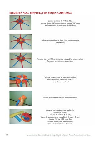 SEQÜÊNCIA PARA CONFECÇÃO DA PETECA ALTERNATIVA


                                                Colocar o círculo de TNT no chão;
                                      sobre o círculo TNT, colocar quatro tiras de TNT como
                                            se fossem raios de uma roda de bicicleta;




                                        Sobre as tiras, colocar o disco feito com espaguete
                                                             de natação;




                                 Amassar de 4 a 5 folhas de revista e colocá-las sobre o disco,
                                             formando o enchimento da peteca;




                                           Fechar a peteca como se fosse uma medusa,
                                               embrulhando as folhas com o TNT e
                                                    amarrando com barbante;




                                          Fazer o acabamento com fita adesiva colorida.




                                               Material necessário para a confecção
                                                          da peteca de TNT:
                                                    círculos de TNT de ± 26 cm;
                                       discos de espaguete de natação de ± 6 cm x 3 mm;
                                                  tiras de TNT de ± 70 cm x 3 cm
                                                Revistas velhas; rolo de barbante;
                                                Fitas adesivas coloridas ;Tesouras.




74               Aprimoramento do Esporte na Escola de Tempo Integral: Brínquedos, Futebol, Peteca, Capoeira e Dança.
 