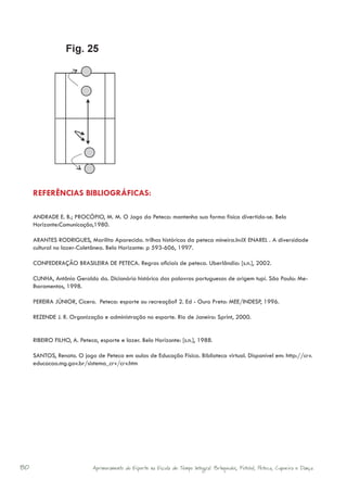 REFERÊNCIAS BIBLIOGRÁFICAS:

     ANDRADE E. B.; PROCÓPIO, M. M. O Jogo da Peteca: mantenha sua forma física divertido-se. Belo
     Horizonte:Comunicação,1980.

     ARANTES RODRIGUES, Marilita Aparecida. trilhas históricas da peteca mineira.In:IX ENAREL . A diversidade
     cultural no lazer-Coletânea. Belo Horizonte: p 593-606, 1997.

     CONFEDERAÇÃO BRASILEIRA DE PETECA. Regras oficiais de peteca. Uberlândia: [s.n.], 2002.

     CUNHA, Antônio Geraldo da. Dicionário histórico das palavras portuguesas de origem tupi. São Paulo: Me-
     lhoramentos, 1998.

     PEREIRA JÚNIOR, Cícero. Peteca: esporte ou recreação? 2. Ed - Ouro Preto: MEE/INDESP, 1996.

     REZENDE J. R. Organização e administração no esporte. Rio de Janeiro: Sprint, 2000.


     RIBEIRO FILHO, A. Peteca, esporte e lazer. Belo Horizonte: [s.n.], 1988.

     SANTOS, Renato. O jogo de Peteca em aulas de Educação Física. Biblioteca virtual. Disponível em: http://crv.
     educacao.mg.gov.br/sistema_crv/crv.htm




80                           Aprimoramento do Esporte na Escola de Tempo Integral: Brínquedos, Futebol, Peteca, Capoeira e Dança.
 