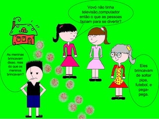 Vovó não tinha televisão,computador então o que as pessoas faziam para se divertir? As meninas brincavam disso, mas do que os meninos brincavam? Eles brincavam de soltar pipa, futebol, e pega-pega. 