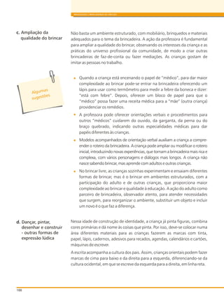 100
BRINQUEDOS E BRINCADEIRAS DE CRECHES
Não basta um ambiente estruturado, com mobiliário, brinquedos e materiais
adequados para o tema da brincadeira. A ação da professora é fundamental
para ampliar a qualidade do brincar, observando os interesses da criança e as
práticas do universo profissional da comunidade, de modo a criar outras
brincadeiras de faz-de-conta ou fazer mediações. As crianças gostam de
imitar as pessoas no trabalho.
Quando a criança está encenando o papel de “médico”, para dar maior
complexidade ao brincar pode-se entrar na brincadeira oferecendo um
lápis para usar como termômetro para medir a febre da boneca e dizer:
“está com febre“. Depois, oferecer um bloco de papel para que o
“médico” possa fazer uma receita médica para a “mãe” (outra criança)
providenciar os remédios.
A professora pode oferecer orientações verbais e procedimentos para
outros “médicos” cuidarem do ouvido, da garganta, da perna ou do
braço quebrado, indicando outras especialidades médicas para dar
papéis diferentes às crianças.
Modelos acompanhados de orientação verbal auxiliam a criança a compre-
ender o roteiro da brincadeira. A criança pode ampliar ou modificar o roteiro
inicial, introduzindo novas experiências, que tornam a brincadeira mais rica e
complexa, com vários personagens e diálogos mais longos. A criança não
nasce sabendo brincar, mas aprende com adultos e outras crianças.
No brincar livre, as crianças sozinhas experimentam e ensaiam diferentes
formas de brincar, mas é o brincar em ambientes estruturados, com a
participação do adulto e de outras crianças, que proporciona maior
complexidade ao brincar e qualidade à educação. A ação do adulto como
parceiro de brincadeira, observador atento, para atender necessidades
que surgem, para reorganizar o ambiente, substituir um objeto e incluir
um novo é o que faz a diferença.
Nessa idade de construção de identidade, a criança já pinta figuras, combina
cores primárias e dá nome às coisas que pinta. Por isso, deve-se colocar numa
área diferentes materiais para as crianças fazerem as marcas com tinta,
papel, lápis, cadernos, adesivos para recados, agendas, calendários e cartões,
máquinas de escrever.
A escrita acompanha a cultura dos pais. Assim, crianças orientais podem fazer
marcas de cima para baixo e da direita para a esquerda, diferenciando-se da
cultura ocidental, em que se escreve da esquerda para a direita, em linha reta.
c. Ampliação da
d. Dançar, pintar,
s
Alguma
s s õuge t es
qualidade do brincar
desenhar e construir
- outras formas de
expressão lúdica
 