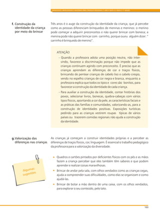 103
BRINQUEDOS, BRINCADEIRAS E MATERIAIS PARA CRIANÇAS PEQUENAS (1 ANO E MEIO A 3 ANOS E 11 MESES)
Três anos é o auge da construção da identidade da criança, que já percebe
como as pessoas diferenciam brinquedos de meninas e meninos: o menino
pode começar a adquirir preconceitos e não querer brincar com boneca; a
menina pode não querer brincar com carrinho, porque ouviu alguém dizer: “
carrinho é brinquedo de menino”.
ATENÇÃO
- Quando a professora adota uma posição neutra, não inter-
vindo, favorece a discriminação porque não impede que as
crianças continuem agindo com preconceito. É preciso que as
crianças aprendam as diferenças de cor e traços físicos,
brincando de pentear crianças de cabelo liso e cabelo crespo,
vendo no espelho crianças de cor negra e branca, enquanto a
professora explica que todos os tipos e cores são bonitos, para
favorecer a construção da identidade de cada criança.
- Para auxiliar a construção da identidade, contar histórias dos
povos, selecionar livros, bonecas, quebra-cabeças com vários
tipos físicos, apontando a cor da pele, as características faciais e
as práticas das famílias e comunidades, valorizando-as, para a
construção de identidades positivas. Exposições turísticas
pedindo para as crianças vestirem roupas típicas de vários
países ou trazerem comidas regionais não ajuda a construção
da identidade.
As crianças já começam a construir identidades próprias e a perceber as
diferenças de traços físicos, cor, linguagem. É essencial o trabalho pedagógico
da professora para a valorização da diversidade.
Quadros e cartões pintados por deficientes físicos com os pés e as mãos
fazem a criança perceber que eles também têm saberes e que podem
aprender e realizar coisas maravilhosas.
Brincar de andar pela sala, com olhos vendados como as crianças cegas,
ajuda a compreender suas dificuldades, como elas se organizam e como
ajudá-las.
Brincar de botar a mão dentro de uma caixa, com os olhos vendados,
para explorar o seu conteúdo, pelo tato.
f. Construção da
identidade da criança
por meio do brincar
g.Valorização das
diferenças nas crianças
s
Alguma
s es õug t es
 