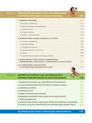 MÓDULO IV ORGANIZAÇÃO DO ESPAÇO FÍSICO, DOS BRINQUEDOS
E MATERIAIS PARA BEBÊS E CRIANÇAS PEQUENAS
1. AMBIENTES PARA BEBÊS
Entrada e acolhimento
Sala de atividades e de experiências
Espaço do sono
Espaço do banho
Solário e jardim sensorial
a)
b)
c )
d)
e )
2. AMBIENTES PARA CRIANÇAS PEQUENAS (1 A 3 ANOS)
Entrada e acolhimento
Sala de atividades
Sugestões de materiais
Espaços de banho, troca e sono
Parque
Sugestões de brinquedos para espaço externo
a)
b)
c )
d)
e )
f )
3. PARQUE INFANTIL COMO ESPAÇO DE APRENDIZAGEM,
EXPERIMENTAÇÃO, SOCIALIZAÇÃO E CONSTRUÇÃO DA CULTURA LÚDICA
4. DA SIMPLICIDADE À ORIGINALIDADE:
OS MATERIAIS PARA CRIANÇAS DE 4 A 6 ANOS
MÓDULO V CRITÉRIOS DE COMPRA E USOS DOS BRINQUEDOS E
MATERIAIS PARA INSTITUIÇÕES DE EDUCAÇÃO INFANTIL
1. PROCESSO DE ESCOLHA E AS CARACTERÍSTICAS DO BRINQUEDO
2. ESCOLHA DOS MATERIAIS POR LICITAÇÃO OU TOMADA DE PREÇO
3. CRITÉRIOS DE COMPRA
RECOMENDAÇÕES FINAIS E ORIENTAÇÕES BIBLIOGRÁFICAS
4. CRITÉRIOS DE USO
6. BRINQUEDO ADEQUADO À INSTITUIÇÃO DE EDUCAÇÃO INFANTIL
5. IDADES E INTERESSES DAS CRIANÇAS
7. PREÇO DO BRINQUEDO
9. ESCOLHA, SELEÇÃO E ESPECIFICAÇÃO DOS MATERIAIS PARA COMPRA PÚBLICA
8. CRITÉRIOS PARA COMPRA PÚBLICA QUE GARANTAM A QUALIDADE DO MATERIAL
108
111
138
154
140
144
146
147
148
149
151
152
152
120
112
120
113
115
116
116
130
134
121
126
127
128
129
 