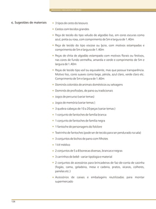 126
BRINQUEDOS E BRINCADEIRAS DE CRECHES
3 tipos de cesto do tesouro
Cestos com tecidos grandes
Peça de tecido do tipo veludo de algodão liso, em cores escuras como
azul, preta ou roxa, com comprimento de 5m e largura de 1.40m
Peça de tecido do tipo viscose ou lycra, com motivos estampadas e
comprimento de 5m e largura de 1.40m
Peças de chita de algodão estampado com motivos florais ou festivos,
nas cores de fundo vermelha, amarela e verde e comprimento de 5m e
largura de 1.40m
Peças de tecido tipo voil ou equivalente, mas que possua transparência.
Motivo liso, cores suaves como bege, pérola, azul claro, verde claro etc.
Comprimento de 5m e largura de 1.40m
Dominós coloridos de animais domésticos ou selvagens
Dominós de profissões, de pano ou tradicionais
Jogos de percurso (variar temas)
Jogos de memória (variar temas )
3 quebra-cabeças de 10 a 20 peças (variar temas )
1 conjunto de fantoches de família branca
1 conjunto de fantoches de família negra
1 fantoche de personagens do folclore
Teatrinho de fantoches (pode ser de tecido para ser pendurado na sala)
3 conjuntos de bichos de pano com filhotes
1 kit médico
2 conjuntos de 5 a 8 bonecas diversas, brancas e negras
3 carrinhos de bebê - variar tipologia e material
2 conjuntos de acessórios para brincadeiras de faz-de-conta de casinha
(fogão, cama, geladeira, mesa e cadeira, pratos, xícaras, colheres,
panelas etc.)
Acessórios de caixas e embalagens reutilizadas para montar
supermercado
c. Sugestões de materiais
 