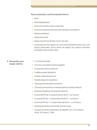 ORGANIZAÇÃO DO ESPAÇO FÍSICO, DOS BRINQUEDOS E MATERIAIS PARA BEBÊS E CRIANÇAS PEQUENAS
129
Nessa composição, o jardim projetado oferece:
Areia
Diversidade de pisos
Áreas com sombra e áreas ensolaradas
Cantos com plantas sensoriais como temperos e aromáticas
Plantas comestíveis
Espaço de corrida
Espaço para brincar de bola, triciclo, de roda
Cantos para montar cabanas ou uma corda estendida do tipo varal, com
lençóis pendurados, ótimo divisor de espaço que propicia divertidas
brincadeiras de esconder-achar.
5 triciclos sem pedal
5 triciclos com pedal e assento regulável
5 carros para entrar e empurrar
5 baldes grandes de plástico
5 baldes médios de alumínio
5 baldes pequenos de plástico
10 pás grandes de plástico resistente
10 canecas de tamanhos e materiais diversos (metal e plástico)
5 peneiras de plástico de tamanhos diversos
5 Canos de PVC de ¾ comprimento de 30 cm – cor marrom
5 canos de PVC de ½ comprimento de 50 cm – cor branca
5 canos de PVC de 1 ½ comprimento de 50 cm – a cor branca
Tecidos para pendurar formando varal de roupas
10 peças de tecido estampados de algodão com cores diversas.
Comp. 2m largura 1.40m
f. Brinquedos para
espaço externo
 