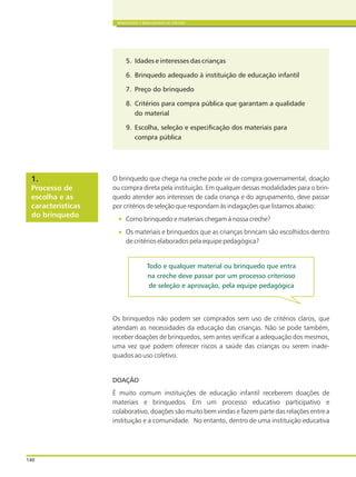 140
BRINQUEDOS E BRINCADEIRAS DE CRECHES
5. Idades e interesses das crianças
6. Brinquedo adequado à instituição de educação infantil
7. Preço do brinquedo
8. Critérios para compra pública que garantam a qualidade
do material
9. Escolha, seleção e especificação dos materiais para
compra pública
O brinquedo que chega na creche pode vir de compra governamental, doação
ou compra direta pela instituição. Em qualquer dessas modalidades para o brin-
quedo atender aos interesses de cada criança e do agrupamento, deve passar
por critérios de seleção que respondam às indagações que listamos abaixo:
Como brinquedo e materiais chegam à nossa creche?
Os materiais e brinquedos que as crianças brincam são escolhidos dentro
de critérios elaborados pela equipe pedagógica?
Os brinquedos não podem ser comprados sem uso de critérios claros, que
atendam as necessidades da educação das crianças. Não se pode também,
receber doações de brinquedos, sem antes verificar a adequação dos mesmos,
uma vez que podem oferecer riscos a saúde das crianças ou serem inade-
quados ao uso coletivo.
DOAÇÃO
É muito comum instituições de educação infantil receberem doações de
materiais e brinquedos. Em um processo educativo participativo e
colaborativo, doações são muito bem vindas e fazem parte das relações entre a
instituição e a comunidade. No entanto, dentro de uma instituição educativa
Processo de
escolha e as
características
do brinquedo
1.
Todo e qualquer material ou brinquedo que entra
na creche deve passar por um processo criterioso
de seleção e aprovação, pela equipe pedagógica
 