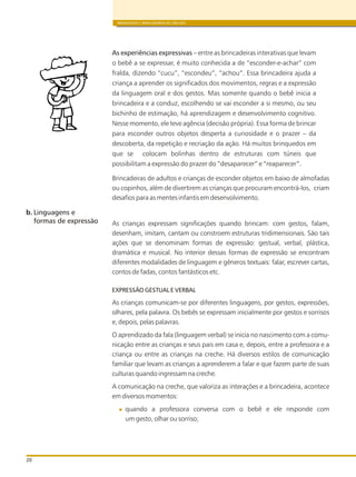 BRINQUEDOS E BRINCADEIRAS DE CRECHES
20
As experiências expressivas – entre as brincadeiras interativas que levam
o bebê a se expressar, é muito conhecida a de “esconder-e-achar” com
fralda, dizendo “cucu”, “escondeu”, “achou”. Essa brincadeira ajuda a
criança a aprender os significados dos movimentos, regras e a expressão
da linguagem oral e dos gestos. Mas somente quando o bebê inicia a
brincadeira e a conduz, escolhendo se vai esconder a si mesmo, ou seu
bichinho de estimação, há aprendizagem e desenvolvimento cognitivo.
Nesse momento, ele teve agência (decisão própria). Essa forma de brincar
para esconder outros objetos desperta a curiosidade e o prazer – da
descoberta, da repetição e recriação da ação. Há muitos brinquedos em
que se colocam bolinhas dentro de estruturas com túneis que
possibilitam a expressão do prazer do “desaparecer” e “reaparecer”.
Brincadeiras de adultos e crianças de esconder objetos em baixo de almofadas
ou copinhos, além de divertirem as crianças que procuram encontrá-los, criam
desafios para as mentes infantis em desenvolvimento.
As crianças expressam significações quando brincam: com gestos, falam,
desenham, imitam, cantam ou constroem estruturas tridimensionais. São tais
ações que se denominam formas de expressão: gestual, verbal, plástica,
dramática e musical. No interior dessas formas de expressão se encontram
diferentes modalidades de linguagem e gêneros textuais: falar, escrever cartas,
contos de fadas, contos fantásticos etc.
EXPRESSÃO GESTUAL E VERBAL
As crianças comunicam-se por diferentes linguagens, por gestos, expressões,
olhares, pela palavra. Os bebês se expressam inicialmente por gestos e sorrisos
e, depois, pelas palavras.
O aprendizado da fala (linguagem verbal) se inicia no nascimento com a comu-
nicação entre as crianças e seus pais em casa e, depois, entre a professora e a
criança ou entre as crianças na creche. Há diversos estilos de comunicação
familiar que levam as crianças a aprenderem a falar e que fazem parte de suas
culturas quando ingressam na creche.
A comunicação na creche, que valoriza as interações e a brincadeira, acontece
em diversos momentos:
quando a professora conversa com o bebê e ele responde com
um gesto, olhar ou sorriso;
b. Linguagens e
formas de expressão
 