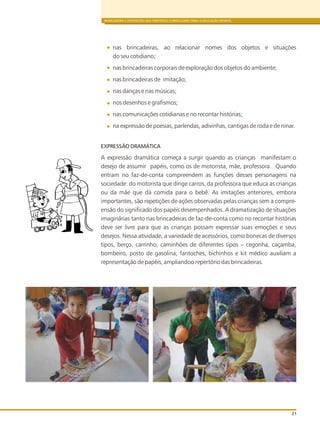 BRINCADEIRA E INTERAÇÕES NAS DIRETRIZES CURRICULARES PARA A EDUCAÇÃO INFANTIL
21
nas brincadeiras, ao relacionar nomes dos objetos e situações
do seu cotidiano;
nas brincadeiras corporais de exploração dos objetos do ambiente;
nas brincadeiras de imitação;
nas danças e nas músicas;
nos desenhos e grafismos;
nas comunicações cotidianas e no recontar histórias;
na expressão de poesias, parlendas, adivinhas, cantigas de roda e de ninar.
EXPRESSÃO DRAMÁTICA
A expressão dramática começa a surgir quando as crianças manifestam o
desejo de assumir papéis, como os de motorista, mãe, professora. Quando
entram no faz-de-conta compreendem as funções desses personagens na
sociedade: do motorista que dirige carros, da professora que educa as crianças
ou da mãe que dá comida para o bebê. As imitações anteriores, embora
importantes, são repetições de ações observadas pelas crianças sem a compre-
ensão do significado dos papéis desempenhados. A dramatização de situações
imaginárias tanto nas brincadeiras de faz-de-conta como no recontar histórias
deve ser livre para que as crianças possam expressar suas emoções e seus
desejos. Nessa atividade, a variedade de acessórios, como bonecas de diversos
tipos, berço, carrinho, caminhões de diferentes tipos – cegonha, caçamba,
bombeiro, posto de gasolina, fantoches, bichinhos e kit médico auxiliam a
representação de papéis, ampliandoo repertório das brincadeiras.
 