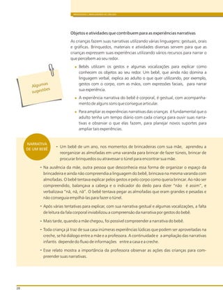 BRINQUEDOS E BRINCADEIRAS DE CRECHES
28
Objetos e atividades que contribuem para as experiências narrativas
As crianças fazem suas narrativas utilizando várias linguagens: gestuais, orais
e gráficas. Brinquedos, materiais e atividades diversas servem para que as
crianças expressem suas experiências utilizando vários recursos para narrar o
que percebem ao seu redor.
Bebês utilizam os gestos e algumas vocalizações para explicar como
conhecem os objetos ao seu redor. Um bebê, que ainda não domina a
linguagem verbal, explica ao adulto o que quer utilizando, por exemplo,
gestos com o corpo, com as mãos, com expressões faciais, para narrar
sua experiência.
A experiência narrativa do bebê é corporal, é gestual, com acompanha-
mento de alguns sons que consegue articular.
Para ampliar as experiências narrativas das crianças é fundamental que o
adulto tenha um tempo diário com cada criança para ouvir suas narra-
tivas e observar o que elas fazem, para planejar novos suportes para
ampliar tais experiências.
Algumas
õ
s gest es
u
Um bebê de um ano, nos momentos de brincadeiras com sua mãe, aprendeu a
reorganizar as almofadas em uma varanda para brincar de fazer túneis, brincar de
procurar brinquedos ou atravessar o túnel para encontrar sua mãe.
Na ausência da mãe, outra pessoa que desconhecia essa forma de organizar o espaço da
brincadeira e ainda não compreendia a linguagem do bebê, brincava na mesma varanda com
almofadas. O bebê tentava explicar pelos gestos e pelo corpo como queria brincar. Ao não ser
compreendido, balançava a cabeça e o indicador do dedo para dizer “não é assim”, e
verbalizava “nã, nã, nã”. O bebê tentava pegar as almofadas que eram grandes e pesadas e
não conseguia empilhá-las para fazer o túnel.
Após várias tentativas para explicar, com sua narrativa gestual e algumas vocalizações, a falta
de leitura da fala corporal inviabilizou a compreensão da narrativa por gestos do bebê.
Mais tarde, quando a mãe chegou, foi possível compreender a narrativa do bebê.
Toda criança já traz de sua casa inúmeras experiências lúdicas que podem ser aproveitadas na
creche, se há diálogo entre a mãe e a professora. A continuidade e a ampliação das narrativas
infantis depende do fluxo de informações entre a casa e a creche.
Esse relato mostra a importância da professora observar as ações das crianças para com-
preender suas narrativas.
NARRATIVA
DE UM BEBÊ
 