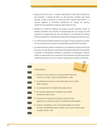 BRINQUEDOS E BRINCADEIRAS DE CRECHES
42
Espaço do faz-de-conta - a estética adotada por cada cultura diferencia,
por exemplo, a panela de barro ou de alumínio utilizada para fazer
comida; a rede, o berço ou o cesto para pôr a boneca para dormir – a
criança organiza os utensílios domésticos no espaço da casinha,
conforme suas experiências prévias, adquiridas em casa.
Respeitar as vivências estéticas de grupos culturais significa utilizar as
práticas cotidianas das famílias na organização do seu espaço de vida
cotidiano. A organização da casa, do jardim, é um exemplo de vivência
estética que pode ser utilizado para organizar os espaços de faz-de-conta.
As vivências éticas podem aparecer nos jogos em que se ganha ou perde,
em que se discutem as regras e as implicações quando forem burladas.
As vivências éticas podem manifestar-se no respeito ao espaço do brincar
do outro, em não destruir a construção feita pelo amiguinho, de aprender
a guardar os brinquedos utilizados, a partilhar os brinquedos, empres-
tando ou esperando sua vez de brincar. Para favorecer as vivências éticas é
importante construir, com as crianças, regras para o convívio no dia a dia
CRIAR NORMAS
1. Discutir com as crianças o que elas acham que está
correto ou errado, o que se pode fazer ou não.
2. A professora escreve em uma frase cada norma criada
pelas crianças.
3. As crianças fazem o desenho de cada norma.
4. As crianças selecionam o desenho que melhor
representa cada norma.
5. A professora organiza um grande cartaz em que
aparecem as normas escritas e os desenhos selecionados.
6. Colocar na parede ou em um grande quadro as normas
escritas e desenhadas pelas crianças, que servem de guia para
as ações do dia a dia.
P S A
S
A SO- -PAS O
 