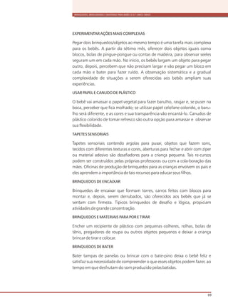 BRINQUEDOS, BRINCADEIRAS E MATERIAIS PARA BEBÊS (0 A 1 ANO E MEIO)
69
EXPERIMENTAR AÇÕES MAIS COMPLEXAS
Pegar dois brinquedos/objetos ao mesmo tempo é uma tarefa mais complexa
para os bebês. A partir do sétimo mês, oferecer dois objetos iguais como
blocos, bolas de pingue-pongue ou contas de madeira, para observar seeles
seguram um em cada mão. No início, os bebês largam um objeto para pegar
outro, depois, percebem que não precisam largar e vão pegar um bloco em
cada mão e bater para fazer ruído. A observação sistemática e a gradual
complexidade de situações a serem oferecidas aos bebês ampliam suas
experiências.
USAR PAPEL E CANUDO DE PLÁSTICO
O bebê vai amassar o papel vegetal para fazer barulho, rasgar e, se puser na
boca, perceber que fica molhado; se utilizar papel celofane colorido, o baru-
lho será diferente, e as cores e sua transparência vão encantá-lo. Canudos de
plástico colorido de tomar refresco são outra opção para amassar e observar
sua flexibilidade.
TAPETES SENSORIAIS
Tapetes sensoriais contendo argolas para puxar, objetos que fazem sons,
tecidos com diferentes texturas e cores, aberturas para fechar e abrir com zíper
ou material adesivo são desafiadores para a criança pequena. Tais re-cursos
podem ser construídos pelas próprias professoras ou com a cola-boração das
mães. Oficinas de produção de brinquedos para as crianças envolvem os pais e
eles aprendem a importância de tais recursos para educar seus filhos.
BRINQUEDOS DE ENCAIXAR
Brinquedos de encaixar que formam torres, carros feitos com blocos para
montar e, depois, serem derrubados, são oferecidos aos bebês que já se
sentam com firmeza. Típicos brinquedos de desafio e lógica, propiciam
atividades de grande concentração.
BRINQUEDOS E MATERIAIS PARA POR E TIRAR
Encher um recipiente de plástico com pequenas colheres, rolhas, bolas de
tênis, pregadores de roupa ou outros objetos pequenos e deixar a criança
brincar de tirar e colocar.
BRINQUEDOS DE BATER
Bater tampas de panelas ou brincar com o bate-pino deixa o bebê feliz e
satisfaz sua necessidade de compreender o que esses objetos podem fazer, ao
tempo em que desfrutam do som produzido pelas batidas.
 