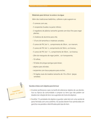 92
BRINQUEDOS E BRINCADEIRAS DE CRECHES
Materiais para brincar na areia e na água
Além dos tradicionais baldinhos, colheres e pás sugerem-se:
- 5 canecas com asa;
- 5 recipientes furados na parte inferior;
- 3 regadores de plástico tamanho grande com bico fino para regar
plantas;
- 3 chaleiras de alumínio para chá;
- 5 funis de tamanhos e materiais variados;
- 5 canos de PVC de ¾ , comprimento de 30cm, cor marrom;
- 5 canos de PVC de ½, comprimento de 50cm, cor branca;
- 5 canos de PVC de 1 ½, comprimento de 50cm, cor branca;
- 20m de mangueira de regar jardim, cor transparente;
- 10 rolhas;
- 10 bolas de pingue-pongue para boiar;
- objetos para afundar;
- recipientes com boca pequena para encher;
- 10 tigelas ovais de madeira tamanho de 10 a 25cm (peças
variadas).
Sacolas e latas com objetos para brincar
Envolver professoras e pais na tarefa de selecionar objetos de uso domés-
tico ou típicos da comunidade e comprar os itens que não podem ser
doados (ver relação de itens nas sugestões do Cesto de objetos).
Escolher 15 variedades de objetos e guardar cada item em uma sacola de
pano fechada com uma cordinha. As sacolas devem ficar penduradas em
ganchos nas paredes e identificadas pelo tipo de item.
es õ
Sug t es
ss - - pa o
pa o a ss
 