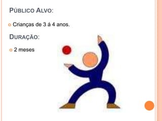 Público Alvo:Crianças de 3 á 4 anos.Duração:2 mesesAções:MúsicasBrincadeirasJogosBrinquedos