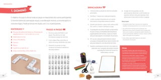 29
28
Oobjetivodojogoécolocartodasaspeçasnamesaantesdosoutrosparticipantes.
ODominóestimulaapercepçãovisual,acoordenaçãomotora,aconcentraçãoeo
raciocíniológico.Pode-sebrincaremdupla,com3ou4participantes.
Materiais
28 caixas de palitos de fósforo ou 28 cartelas de
papelão de 8 cm x 4 cm ou de 6 cm x 3 cm;
Papel branco ou liso;
Cola ou fita adesiva;
Tesoura;
Régua;
Canetinha ou lápis de cor;
Grãos como lentilha, milho, feijão, etc.
brinquedos
Passo a passo
1. Forre as caixas de fósforo com
papel, fita adesiva ou cola,
formando as peças do dominó.
2. Com a régua, faça uma linha no
centro da caixa, dividindo-a ao meio.
3. Desenhe os pontos ou faça
números formando a sequência
das peças abaixo.
1. DOMINÓ
Dicas
Parafacilitarapreensão,utilizecaixasmaiores(desucoou
leitepequenas,caixadesabonete,etc.)ouainda,encapeduas
caixasdefósforojuntasparaaumentarotamanhodaspeças.
Para pessoas com baixa visão, o papel e o desenho
devem ter um bom contraste (preto/branco ou amarelo/
vermelho). É possível substituir as linhas e os desenhos
por barbantes, grãos ou lantejoulas para criar um alto-
relevo e favorecer a percepção.
Parafacilitarabrincadeira,usediferentescoresparacada
quantidade(aspeçascom6pontospodemserpintadasde
vermelho,aspeçascom5pontospodemserpintadasdeazul,
aspeçasde4pontospodemserpintadasdeamarelo,etc.).
Observações
• É possível também fazer o dominó com cartelas de
papelão, recorte peças de 8 cm x 4 cm ou de 6 cm x 3 cm.
• Ao confeccionar dominós para as pessoas com
deficiência visual, não é necessário virar as peças para
baixo, pois os grãos ou lantejoulas podem descolar. Se
houver participantes videntes no grupo, tampe os olhos
deles como parte da brincadeira.
• Evite utilizar papel estampado pra não poluir
visualmente o brinquedo.
Brincadeira
1. Colocar todas as peças do dominó voltadas
para baixo.
2. Distribuir 7 peças para cada participante.
3. Juntar as peças restantes em um monte
para serem compradas posteriormente.
4. Aquele que possuir a peça mais valiosa (6/6,
5/5, enfim, a maior) começará o jogo.
5. Oparticipantequeestiversentadoaoladodireito
doquecomeçouabrincadeiradarásequênciaà
jogada(sentidoanti-horário),eassimpordiante
atéquetodosjoguemerecomecemdoprimeiro.
6. Emsuavez,cadaparticipantedeverácolocar
umapeçacorrespondenteaomesmonúmeroda
peçaqueestejaemumadaspontasdamesa.
7. Quando o participante não tiver uma opção de
peça para usar na jogada, ele poderá comprar
uma peça do monte (se houver) ou
então passar a sua vez.
8. O jogo termina quando um dos
participantes descartar a última peça ou
quando nenhum dos participantes tiver
peças que sirvam para concluir a jogada.
 