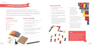 31
30
Materiais
Tecidos lisos e estampados
(6 tipos de tecidos diferentes);
Cola;
Palitos de fósforo;
Papelão;
Régua;
Tesoura.
O objetivo do jogo é colocar todas as peças na mesa antes dos outros
participantes. O Dominó de Retalhos estimula a motricidade, a coordenação
motora, a discriminação visual de cores, a habilidade manual, a percepção tátil e
visual. Pode-se brincar em dupla, com 3 ou 4 participantes.
Passo a passo
1. Corte 21 retângulos de papelão de 6 cm x 3 cm.
2. Com a régua, faça uma linha no centro
da peça, dividindo-a ao meio.
3. Recorte 7 quadrados de 3 cm x 3 cm
de cada tipo de tecido.
4. Cole os tecidos no papelão e forme a sequência
das peças do dominó (alternando os tecidos
como se faz com os números).
5. Cole 1 palito de fósforo no centro da peça,
cortando as pontas excedentes.
2. DOMINÓ DE RETALHOS
brinquedos
Dicas
Parafacilitarapreensão,vocêpodeutilizarcaixasdefósforo,
desuco,desabonete,etc.oumesmoencaparduascaixasde
fósforojuntasparaaumentarotamanhodaspeças(neste
casorevejaotamanhodosrecortesdostecidos).
Explore o uso de diferentes texturas como: lixa, cortiça,
feltro, algodão, etc. para favorecer a percepção de
crianças com dificuldades de visão.
Brincadeira
1. Colocartodasaspeçasdodominó
voltadasparabaixo.
2. Distribuir7peçasparacadaparticipante.
3. Juntaraspeçasrestantesemummonte
paraseremcompradasposteriormente.
4. Oprimeiroparticipanteescolhequalpeça
irácolocarnamesa.
5. Oparticipantequeestiversentadoaolado
direitodoquecomeçouabrincadeiradará
sequênciaàjogada(sentidoanti-horário),
eassimpordianteatéquetodosjogueme
recomecemdoprimeiro.
6. Em sua vez, cada
participante deverá
colocar uma peça
correspondente ao
mesmo tecido da peça
que esteja em uma das
pontas da mesa.
7. Quando o participante não
tiver uma opção de peça para usar
na jogada, ele poderá comprar
uma peça do monte (se houver) ou
então passar a sua vez.
8. O jogo termina quando um dos
participantes descartar a última
peça ou quando nenhum dos
participantes tiver peças que
sirvam para concluir a jogada.
 