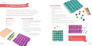 59
58
O objetivo do jogo é percorrer as casas do tabuleiro até o final.
O Corrida de Cores estimula a atenção, a concentração, a preensão,
a noção espacial, o conhecimento de números, a contagem e a
interação social. Pode-se brincar com 2 a 5 participantes.
MateriaIS
Bandeja de ovos;
Tampinha coloridas;
Papel grosso;
Canetinhas.
brinquedos
Dica
Para pessoas com deficiência visual, cole uma textura
diferente em seu peão, e ajude-a na leitura do dado.
Brincadeira
1. Cada participante escolhe
uma cor de tampinha para ser
o seu peão.
2. Determinar quem irá começar a
brincadeira.
3. O primeiro participante joga o dado para
saber quantas casas seu peão deve andar.
4. Se cair os números “-1” ou “-2”, o peão deve voltar o
número de casas indicado.
5. O participante ao seu lado direito dará sequência ao jogo e assim por diante.
6. O jogo termina quando um dos peões chegar ao fim do tabuleiro.
16. CORRIDA DE CORES
Passo a passo
1. Para fazer o tabuleiro, pinte as pontas ou o fundo
dos buracos da bandeja de ovos, formando filas
de cores diferentes.
2. Se quiser um tabuleiro maior, use mais de
uma bandeja.
3. Faça um dado de mais ou menos 5 cm x 5 cm
(use uma folha de 21 cm de comprimento por
17 cm de largura). Veja o modelo da página 38
como exemplo.
4. Com a canetinha, escreva nas
laterais do dado os números:
1, 2, 3, 4, -1 e -2.
 