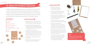 67
66
MateriaIS
Papel branco;
Papelão;
Tesoura ou estilete;
Canetinha ou lápis de cor;
Gravuras repetidas
(podem ser de recorte de revista);
Cola;
Régua.
O objetivo do jogo é preencher as casas em uma cartela de acordo com um
sorteio. O Bingo de Figuras e Relevos estimula atenção, a concentração, o
raciocínio, a percepção visual, a discriminação de figuras, o reconhecimento
de figuras iguais, o planejamento (de como organizar as peças), a nomeação
e a interação social. Pode-se brincar sozinho ou com mais participantes.
Passo a passo
1. Para cada cartela, recorte dois pedaços de
papelão (de 15 cm x 15 cm ou de 21 cm
x 21 cm, conforme o tamanho que desejar).
2. Com auxílio de uma régua, faça traços nas
cartelas dividindo-as em quadrados (se escolheu
15 cm, devem ser de 5 cm x 5 cm ou se escolheu
21 cm, devem ser de 7 cm x 7 cm).
3. Faça sempre duas cartelas iguais,
desenhando ou colando gravuras dentro de
cada quadrado, formando os itens que irão
compor a cartela (Ex: maçã, carro, barco, bola,
casa, escova de dente, pente, feijão, etc.).
4. Uma deverá ser recortada para formar as
cartas avulsas.
5. Para brincar com vários participantes, faça
várias cartelas, com itens diferentes.
brinquedos
Brincadeira
1. Oferecer a cartela para o
participante e pedir que ele
nomeie os itens existentes.
2. Dar uma carta de cada vez e pedir ao
participante que sobreponha a figura
correspondente em sua cartela.
3. Se houver mais de um participante, virar
as cartas para baixo, sortear uma de cada
vez e entregar a carta a quem tiver a
gravura em sua cartela.
4. A brincadeira termina quando um dos
participantes completar a cartela primeiro.
5. Para tornar a brincadeira mais
interessante, “cantar” o item da cartela,
dando dicas da gravura (Ex: é uma fruta, é
vermelha, etc.), e só entregar a cartela ao
participante quando ele adivinhar o que é.
6. Pedir ao participante para contar quantos
itens da sua cartela são amarelos, quantos
são alimentos, quantos são objetos, quais
são usados na escola, etc.
7. Outra forma de estimular a brincadeira
é pedir ao participante para criar uma
história ou contar o que poderia fazer
com os objetos daquela cartela,
relacionando-os ao seu dia a dia.
20. BINGO DE FIGURAS E RELEVOS
Dica
Para facilitar a identificação para pessoas com deficiência
visual, substitua as gravuras por formas ou objetos de
diferentes textura ou relevos. Para isso utilize palitos de
fósforo, barbantes, tampinhas, etc.
 