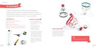 71
70
MateriaIS
Embalagem grande de garrafa pet;
Tesoura ou estilete;
Fita adesiva ou tinta plástica;
Tampinha ou bola (pode ser de papel ou de meia);
Uma tira de barbante de aproximadamente 50 cm.
O objetivo do jogo é encaixar a tampinha na cestinha de gargalo.
O Bilboquê estimula o equilíbrio, a coordenação motora, a noção de
espaço e tempo, a atenção, a concentração, o raciocínio, a previsibilidade
e o planejamento. Pode-se brincar com 1 ou mais participantes.
brinquedos
Passo a passo
1. Corte o gargalo (parte
superior onde fica a tampa)
da garrafa pet.
2. Encape a borda cortada
com fita adesiva para
proteger as mãos das
rebarbas do plástico.
3. Use a tampinha ou faça uma
bolinha de papel amassado
(embalado em fita adesiva
para não desmontar) para
fazer a bolinha do bilboquê.
4. Amarre uma das pontas do
barbante na tampinha (ou
bolinha) e outra no gargalo
da garrafa.
22. BILBOQUÊ
Dica
Para pessoas com dificuldade motora, monte o bilboquê
com um barbante mais curto e use uma bola maior.
Brincadeira
Pedir ao participante que segure
a embalagem pelo gargalo, com
a boca recortada virada para
cima e jogue a bolinha tentando
encaçapar a bola na garrafa.
 