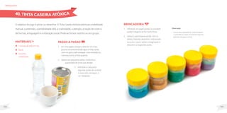 107
106
Oobjetivodojogoépintaroudesenhar.ATintaCaseiraAtóxicaestimulaahabilidade
manual,apreensão,asensibilidadetátil,acriatividade,aatenção,anoçãodecorese
deformas,alinguagemeainteraçãosocial.Pode-sebrincarsozinhoouemgrupo.
MateriaIS
2 xícaras de leite em pó;
Água;
Corantes
comestíveis.
Passo a passo
1. Em uma tigela coloque o leite em pó e aos
poucos vá acrescentando água e misturando
com um garfo, até conseguir uma consistência
cremosa (como a tinta guache).
2. Separe em pequenos potes, conforme a
quantidade de cores que desejar.
3. Adicione a cada pote
algumas gotas de corante
e mexa até conseguir a
cor desejada.
brinquedos
Brincadeira
1. Oferecer um papel grosso (a umidade
poderá rasgá-lo se for muito fino).
2. Deixar o participante pintar com os
dedos, fazendo desenhos, misturando
as cores e assim soltar a imaginação e
descobrir a magia das cores.
40. TINTA CASEIRA ATÓXICA
Observação
• A tinta seca rapidamente. Para recuperar
a consistência, basta acrescentar algumas
gotinhas de água e mexer.
 