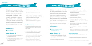 117
116
Oobjetivodabrincadeiraéencontrara
suatoca.CoelhinhoSaidaTocaestimula
habilidademotora,oplanejamento,a
previsibilidade,acooperação,aauto-
confiança,asocialização,orespeito,a
linguagem,desenvolveoequilíbrio,a
velocidade,aatençãoeconcentração,a
percepçãodoespaçoeacompreensão
deordens.Pode-sebrincarcom10ou
maisparticipantes.
Material
Giz ou fita crepe.
1. COELHINHO SAI DA TOCA
Brincadeira
1. Dividir os participantes em grupos de três,
formando vários grupos.
2. Dois participantes dão as mãos, formando
a ‘toca’ e o terceiro, que fica dentro do
abraço, será o coelho.
brincadeiras
Outra forma de brincar:
1.Se o número de participantes for pequeno, pode-se
desenhar pequenos círculos no chão com um giz, para
serem as tocas.
2.A brincadeira começa com um único coelho sem toca.
3.Ao ouvir o sinal: ‘Coelhinho sai da toca,... um,... dois,...
três’, todos os participantes devem trocar de toca.
4.Quando recomeçar a brincadeira, alguém fala:
“Coelhinho sai da toca”, neste momento, o participante
que ficou sem toca senta em uma toca, e dali não
poderá mais levantar até o fim da brincadeira.
5.Continua a brincadeira: ‘um,... dois,... três’, e novamente
sobrará mais um participante, que será colocado
sentado, até que reste apenas um coelhinho no final.
3. Fora das tocas ficam alguns coelhos
perdidos (dois ou três).
4. Aoouvirosinal:‘Coelhinhosaidatoca,um,
dois,três’,osparticipantesqueestãodemãos
dadasformandoa“toca”levantamosbraços,e
todososcoelhinhosdevemprocurarumanova
toca,inclusiveaquelescoelhosperdidos.
5. Quandoocoelhoentrar,atocasefecha.
6. Quemnãoconseguirentrardeveráficarno
centro,esperandoumanovaoportunidade.
Oobjetivodabrincadeiraéencontrarobje-
tosdacor‘cantada’paranãosercapturado.
ElefantinhoColoridodesenvolveahabili-
dademotora,oequilíbrio,avelocidade,a
atençãoeconcentração,apercepçãodo
espaço,oplanejamento,acompreensãode
ordens,anoçãodecores,aautoconfiança,
asocialização,orespeitoealinguagem.Po-
de-sebrincarcom3oumaisparticipantes.
MateriaIS
Lenço para vendar os olhos;
Objetos ou bolinhas coloridas
espalhadas pela sala.
2. ELEFANTINHO COLORIDO
Brincadeira
1. Escolher o local da brincadeira (pode ser
no quintal, na sala e na cozinha, ou dentro
do quarto, etc.).
2. Deveserescolhidoocomandantepara
começarabrincadeira.
Outra forma de brincar:
O comandante poderá estimular outras formas de busca como,
por exemplo:
1. Ocomandantecomeçaabrincadeiragritando:“-Elefantinhocurioso”.
2.Os demais perguntam: “-O que vamos buscar?”.
3. Ocomandantegritaaltoonomedeumaforma(ex:“-Objetosredondos”).
3. Ocomandantedeveficardeolhosvendadoscom
panooutampadoscomsuasprópriasmãos,rodeado
pelosdemaisparticipantes.
4. Ocomandantecomeçaabrincadeiragritando:
“-Elefantinhocolorido”.
5. Osdemaisperguntam:“-Quecor?”.
6. Ocomandantegritaaltoonomedeumacor(ex:
“-Vermelho”),tiraavendadosolhosesaiembuscados
participantes.
7. Quemencostaremumobjetodacorindicadaestá
salvoenãopodeserpego.
8. Oobjetosópoderásertocadoporumparticipante
porvez.
9. Quemnãoconseguirencontrarumobjetoatempo,e
forcapturadoseráocomandantenapróximarodada.
 