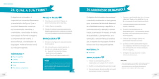 139
138
brincadeiras
O objetivo da brincadeira é
responder ao comando respeitando
a característica da figura. Qual a
sua tribo? desenvolve a atenção
e a concentração, memória, a
criatividade, a associação de ideias,
a percepção de formas e imagens,
a compreensão de ordens, a
autoconfiança, a socialização e a
linguagem. Pode-se brincar com 3
ou mais participantes.
Brincadeira
1. Pendurar uma figura em cada participante
da brincadeira.
2. Dar instruções para os participantes de
acordo com cada grupo das figuras.
Ex: - Quem é fruta levante o braço;
- Quem é vermelho ajoelhe;
- Quem for animal fique de quatro; etc.
23. QUAL A SUA TRIBO?
MateriaIS
Papel e papelão;
Caneta;
Revista ou desenho;
Cola;
Fita adesiva ou barbante.
Passo a passo
1. Convide para recortarem figuras ou
desenhar e pintar vários desenhos.
2. Cole as figuras no papelão.
3. Prendaumbarbantenaspontassuperioresdo
desenhoparapendurá-lonopescoço,ouprenda
comumafitaadesivanopeitodosparticipantes.
Dicas
Parapessoascombaixavisão,procureusarcorescontrastantes.
No caso de pessoas cegas, escreva em braile o nome da
figura e estabeleça alguns detalhes (cor, tamanho, se é
bravo, se é macio, etc.).
O objetivo da brincadeira é arremessar
o bambolê, encaixando no participante
pino. Arremesso de Bambolê desenvol-
ve a habilidade motora, o equilíbrio, o
controle postural, a atenção, a concen-
tração, a percepção do espaço, a noção
de quantidade, o planejamento, a co-
operação, a autoconfiança, a socializa-
ção, o respeito e a linguagem. Pode-se
brincar com 4 ou mais participantes.
Brincadeira
1. Colocar os participantes parados e
organizados como peças de um boliche.
2. Escolherumdosparticipantesparainiciarojogo.
3. Este participante deverá escolher em quem
ele tentará ‘encaixar’ o bambolê.
24.ARREMESSODEBAMBOLÊ
Material
Bambolês.
Observação
• Caso o participante arremessador tenha baixa estatura
e encontre dificuldade para jogar, peça aos demais
“participantes pinos” para ficarem de joelhos ou
sentarem, com o objetivo de facilitar o jogo.
4. Peça que o participante que irá arremessar
o bambolê fique a uma distância mínima
de 5 a 6 passos do participante escolhido.
5. Cada participante poderá arremessar
3 vezes o bambolê.
6. Quando o bambolê encaixar no
‘participante pino’, o arremessador deverá
escolher outro participante para tentar a
próxima jogada.
7. Cada vez que conseguir acertar um
participante marcará um ponto.
8. Quando o primeiro participante esgotar
suas 3 jogadas, deverá trocar de lugar com
um “participante pino” e este começará
uma nova jogada.
9. O Objetivo do jogo é acertar o maior
número de arremessos.
 
