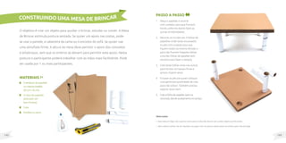 143
142
MateriaIS
5 pedaços de papelão
na mesmamedida
(45cmx35cm);
4 rolos de papelão
(precisam ser
bem firmes);
Cola;
Estilete ou serra.
Passo a passo
1. Meça o papelão e recorte
com cuidado, para que formem
borda uniforme (tente fazer as
quinas arredondadas).
2. Recorte os círculos em 4 folhas de
papelões onde serão encaixados
os pés com cuidado para que
fiquem todos na mesma direção e
para não ficarem folgados (deixe
uma das folhas de papelão sem
recortar para fazer o tampo).
3. Cole estas folhas umas nas outras
para formar um tampo firme e
grosso. Espere secar.
4. Encaixe os pés (se quiser coloque
uma generosa quantidade de cola
para não soltar). Também precisa
esperar secar bem.
5. Cole a folha de papelão (sem os
recortes), dando acabamento no tampo.
Observações
• Esta mesa é frágil, não suporta muito peso e nela não devem ser usados objetos perfurantes.
• Não a deixe molhar. Se cair líquidos, enxugue com um pano e deixe secar na sombra para não enrugar.
O objetivo é criar um objeto para auxiliar o brincar, estudar ou comer. A Mesa
de Brincar estimula postura sentada. Se quiser um apoio nas costas, pode-
se usar a parede, a cabeceira da cama ou o encosto do sofá. Se quiser use
uma almofada firme. A altura da mesa deve permitir o apoio dos cotovelos
e antebraços, sem que os ombros se elevem para permitir este apoio. Nesta
postura o participante poderá trabalhar com as mãos mais facilmente. Pode
ser usada por 1 ou mais participantes.
constrUindo uma mesa de brincar
 