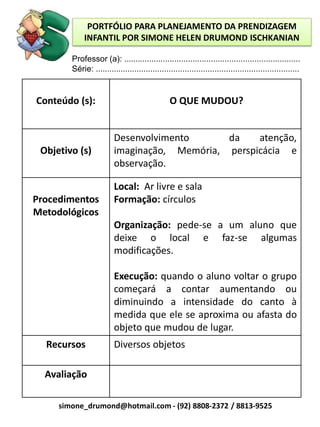 PORTFÓLIO PARA PLANEJAMENTO DA PRENDIZAGEM
             INFANTIL POR SIMONE HELEN DRUMOND ISCHKANIAN

        Professor (a): .............................................................................
        Série: .........................................................................................


Conteúdo (s):                                    O QUE MUDOU?


                         Desenvolvimento      da    atenção,
 Objetivo (s)            imaginação, Memória, perspicácia e
                         observação.

                         Local: Ar livre e sala
Procedimentos            Formação: círculos
Metodológicos
                         Organização: pede-se a um aluno que
                         deixe o local e faz-se algumas
                         modificações.

                         Execução: quando o aluno voltar o grupo
                         começará a contar aumentando ou
                         diminuindo a intensidade do canto à
                         medida que ele se aproxima ou afasta do
                         objeto que mudou de lugar.
  Recursos               Diversos objetos

  Avaliação

     simone_drumond@hotmail.com - (92) 8808-2372 / 8813-9525
 
