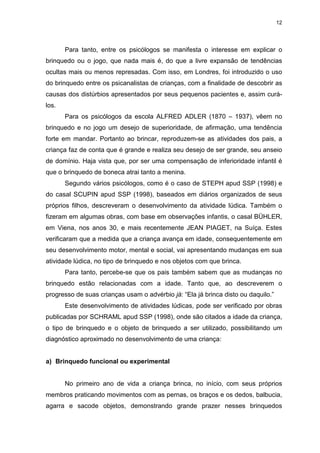 12




       Para tanto, entre os psicólogos se manifesta o interesse em explicar o
brinquedo ou o jogo, que nada mais é, do que a livre expansão de tendências
ocultas mais ou menos represadas. Com isso, em Londres, foi introduzido o uso
do brinquedo entre os psicanalistas de crianças, com a finalidade de descobrir as
causas dos distúrbios apresentados por seus pequenos pacientes e, assim curá-
los.
       Para os psicólogos da escola ALFRED ADLER (1870 – 1937), vêem no
brinquedo e no jogo um desejo de superioridade, de afirmação, uma tendência
forte em mandar. Portanto ao brincar, reproduzem-se as atividades dos pais, a
criança faz de conta que é grande e realiza seu desejo de ser grande, seu anseio
de domínio. Haja vista que, por ser uma compensação de inferioridade infantil é
que o brinquedo de boneca atrai tanto a menina.
       Segundo vários psicólogos, como é o caso de STEPH apud SSP (1998) e
do casal SCUPIN apud SSP (1998), baseados em diários organizados de seus
próprios filhos, descreveram o desenvolvimento da atividade lúdica. Também o
fizeram em algumas obras, com base em observações infantis, o casal BÜHLER,
em Viena, nos anos 30, e mais recentemente JEAN PIAGET, na Suíça. Estes
verificaram que a medida que a criança avança em idade, consequentemente em
seu desenvolvimento motor, mental e social, vai apresentando mudanças em sua
atividade lúdica, no tipo de brinquedo e nos objetos com que brinca.
       Para tanto, percebe-se que os pais também sabem que as mudanças no
brinquedo estão relacionadas com a idade. Tanto que, ao descreverem o
progresso de suas crianças usam o advérbio já: “Ela já brinca disto ou daquilo.”
       Este desenvolvimento de atividades lúdicas, pode ser verificado por obras
publicadas por SCHRAML apud SSP (1998), onde são citados a idade da criança,
o tipo de brinquedo e o objeto de brinquedo a ser utilizado, possibilitando um
diagnóstico aproximado no desenvolvimento de uma criança:


a) Brinquedo funcional ou experimental


       No primeiro ano de vida a criança brinca, no início, com seus próprios
membros praticando movimentos com as pernas, os braços e os dedos, balbucia,
agarra e sacode objetos, demonstrando grande prazer nesses brinquedos
 