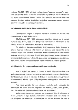 13




motores. PIAGET (1971) privilegia muitos desses “jogos de exercício” à auto-
imitação: o bebê imita a si mesmo, várias vezes repetindo um movimento casual
ou reflexo que acaba de efetuar. Olhar a luz e as cores, escutar os sons e as
canções de ninar, apalpar os objetos, sentindo a textura das roupas, parecem
construir brinquedos sensoriais para a criança.


b) Brinquedo de ficção, de ilusão ou simbólicos


      Os brinquedos surgem na segunda metade do segundo ano de vida e se
prolongam até os anos pré-escolares.
      SCUPIN apud SSP (1998) observando seu filho, registra que a criança
“fumava” seu dedão, fazia seus brinquedos “comerem” ou “dormirem” e ela
mesma “comia” as mais variadas refeições de potes vazios.
      Em relação às diversas modalidades de brinquedos de ficção, é natural a
criança fazer de conta que está dirigindo um carro ou uma motocicleta, como
também atribuir vida a objetos inanimados. Essa característica do pensamento
infantil é um aspecto importante em relação aos brinquedos, sendo chamado de
animismo (do latim anima = alma). Na qual para a criança pequena sua boneca,
seu ursinho e outros brinquedos sentem e pensam como as pessoas grandes.


c) Brinquedos de representação de papéis e de construção


      Após o terceiro ano de vida, a criança já brinca imitando atividades que
vivência ou das que toma conhecimento através dos livros, cinema e da televisão.
Sendo assim, ela brinca de motorista de ônibus, de carteiro, de médico, professor
ou cozinheiro. CHÁTEAU apud SSP (1998) chama esses jogos de brinquedos de
imitação.
      Pois neste período, há um interesse particular pelo brinquedo de
construção, no qual a caixa de bloquinhos de madeira, pedras, areia, plantas,
terra são elementos indispensáveis para esse tipo de brinquedo.
      Muitas vezes, os mesmos materiais servem aos dois tipos de brinquedo: o
menino, misturando água à areia para levantar um castelo está empenhado em
um brinquedo de construção. A menina por sua vez faz bolinhos de areia e
 