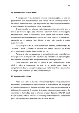 19




a) Representação enativa (Ativa)


      A criança neste nível, representa o mundo pelas suas ações, ou seja, se
perguntarmos onde fica algum lugar, com certeza ela não saberá responder, o
seu reflexo será levar-nos ao lugar perguntando, pois não conseguirá representar
o caminho através de desenhos ou indicar verbalmente.
      O autor ressalta que crianças muito novas comunicam-se melhor com o
mundo por meio de ação, elas entendem e assimilam melhor as mensagens
expressas sob a forma de movimentos. Assim como e uma aula sobre animais,
possivelmente a professora ensinará que o coelho salta, saltando; a cobra rasteja,
rastejando ou o cachorro late, latindo, o gato mia, miando e assim
sucessivamente.
      PIAGET apud BARROS (1995) ressalta este momento, dando exemplo de
Jaqueline (1 ano e 11 meses), ao voltar de uma viagem, contou ao pai:”Robert
chora, patos nadam no lago, foram embora”. (p. 104)
      Portanto, o autor nos coloca que os contos infantis, neste nível, são bem
mais apreciados e compreendidos sob forma de dramatizações, apresentações
em fantoches, do que por meio de figuras estáticas ou narração verbal.
      Outra observação a ser feita por BRUNER apud BARROS (1995) neste
nível, é sobre a recompensa, ou seja, se um adulto quiser elogiar o
comportamento de uma criança bem pequena, o melhor a ser feito é acariciar-lhe
a cabeça, bater palmas do que dizer palavras de elogio.


b) Representação icônica


      Neste nível a criança já possui a imagem dos objetos, sem que se precise
manipulá-lo, ou representá-lo como acontece no nível anterior. As crianças já
conseguem desenhar uma figura de um objeto, sem que se precise representar a
ação que ele representa. O professor já consegue passar mensagens através de
diagramas ou ilustrações, cujo as crianças apreciam bastante. BRUNER apud
BARROS (1997) enfatiza dizendo: ”As crianças já podem desenhar a figura de um
garfo, por exemplo, sem representar o ato de comer” (p.111)
 