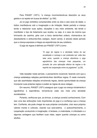 25




      Para PIAGET (1971), “a criança movimentando-se descobre os seus
gestos e os repete em busca de efeitos”. (p.180)
      Já no jogo simbólico compreendido entre os dois e seis anos de idade, o
lúdico manifesta-se sob a imaginação e de imitação. Neste período a criança
tende a relacionar suas ações, situações e seu meio ambiente, ela tende a
manifestar o tipo de tratamento que recebe, ou seja, é o caso da menina que
brincando de casinha, grita com a boca dando-lhes ordens, chamando-a de
desobediente e atribuindo-lhes castigos. Assim sendo, é através deste período
que a criança expressa e integra as experiências de seu cotidiano.
      O jogo de regras é definido por PIAGET (1971) como:


                                   “O jogo de regras é a atividade lúdica do ser
                                   socializado e começa a ser praticado por volta dos
                                   sete anos, quando a criança abandona o jogo
                                   egocêntrico   das   crianças    mais   pequenas,     um
                                   proveito de uma aplicação efetiva de regras e do
                                   espírito de cooperação entre os jogadores”. (p.29)


      Vale ressaltar neste período, o pensamento reversível, fazendo com que a
criança estabeleça relações permitindo-lhes identificar regras. É neste momento
que são assimiladas relações envolvendo regras, dando oportunidade da criança
incorporar suas próprias regras e avaliar as regras de seus colegas .
      Em resumo, PIAGET (1971) assegura que o jogo na criança inicialmente é
egocêntrico      e   espontâneo,   tornando-se   cada    vez      mais    uma   atividade
socializadora.
      Portanto, verifica-se que, ao brincar, a criança constrói conhecimento. Com
isso uma das atribuições mais importantes do jogo é a confiança que a criança
tem. Confiante, ela pode chegar às suas próprias conclusões, criar seus próprios
valores morais e culturais, visando sua auto-estima,           o autoconhecimento, a
cooperação conduzindo à imaginação, à fantasia, à criatividade, à criticidade e a
algumas vantagens que facilitam suas vidas, sejam quando crianças ou como
adultos.
 