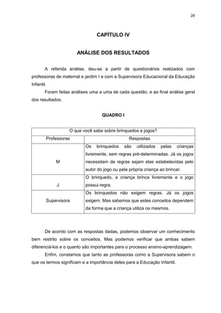 28




                                 CAPÍTULO IV


                       ANÁLISE DOS RESULTADOS


        A referida análise, deu-se a partir de questionários realizados com
professoras de maternal e jardim I e com a Supervisora Educacional da Educação
Infantil.
        Foram feitas análises uma a uma de cada questão, e ao final análise geral
dos resultados.


                                   QUADRO I


                   O que você sabe sobre brinquedos e jogos?
        Professoras                              Respostas
                           Os    brinquedos   são    utilizados   pelas    crianças
                           livremente, sem regras pré-determinadas. Já os jogos
             M             necessitam de regras sejam elas estabelecidas pelo
                           autor do jogo ou pela própria criança ao brincar.
                           O brinquedo, a criança brinca livremente e o jogo
             J             possui regra.
                           Os brinquedos não exigem regras. Já os jogos
        Supervisora        exigem. Mas sabemos que estes conceitos dependem
                           da forma que a criança utiliza os mesmos.




        De acordo com as respostas dadas, podemos observar um conhecimento
bem restrito sobre os conceitos. Mas podemos verificar que ambas sabem
diferenciá-los e o quanto são importantes para o processo ensino-aprendizagem.
        Enfim, constamos que tanto as professoras como a Supervisora sabem o
que os termos significam e a importância deles para a Educação Infantil.
 