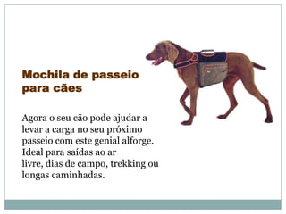 Mochila de passeio
para cães

Agora o seu cão pode ajudar a
levar a carga no seu próximo
passeio com este genial alforge.
Ideal para saídas ao ar
livre, dias de campo, trekking ou
longas caminhadas.
 