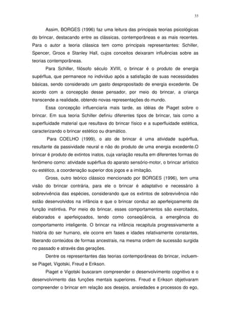 33
Assim, BORGES (1996) faz uma leitura das principais teorias psicológicas
do brincar, destacando entre as clássicas, contemporâneas e as mais recentes.
Para o autor a teoria clássica tem como principais representantes: Schiller,
Spencer, Groos e Stanley Hall, cujos conceitos deixaram influências sobre as
teorias contemporâneas.
Para Schiller, filósofo século XVIII, o brincar é o produto de energia
supérflua, que permanece no indivíduo após a satisfação de suas necessidades
básicas, sendo considerado um gasto despropositado de energia excedente. De
acordo com a concepção desse pensador, por meio do brincar, a criança
transcende a realidade, obtendo novas representações do mundo.
Essa concepção influenciaria mais tarde, as idéias de Piaget sobre o
brincar. Em sua teoria Schiller definiu diferentes tipos de brincar, tais como a
superfluidade material que resultava do brincar físico e a superfluidade estética,
caracterizando o brincar estético ou dramático.
Para COELHO (1999), o ato de brincar é uma atividade supérflua,
resultante da passividade neural e não do produto de uma energia excedente.O
brincar é produto de extintos inatos, cuja variação resulta em diferentes formas do
fenômeno como: atividade supérflua do aparato sensório-motor, o brincar artístico
ou estético, a coordenação superior dos jogos e a imitação.
Gross, outro teórico clássico mencionado por BORGES (1996), tem uma
visão do brincar contrária, para ele o brincar é adaptativo e necessário à
sobrevivência das espécies, considerando que os extintos de sobrevivência não
estão desenvolvidos na infância e que o brincar conduz ao aperfeiçoamento da
função instintiva. Por meio do brincar, esses comportamentos são exercitados,
elaborados e aperfeiçoados, tendo como conseqüência, a emergência do
comportamento inteligente. O brincar na infância recapitula progressivamente a
história do ser humano, ele ocorre em fases e idades relativamente constantes,
liberando conteúdos de formas ancestrais, na mesma ordem de sucessão surgida
no passado e através das gerações.
Dentre os representantes das teorias contemporâneas do brincar, incluem-
se Piaget, Vigotski, Freud e Erikson.
Piaget e Vigotski buscaram compreender o desenvolvimento cognitivo e o
desenvolvimento das funções mentais superiores. Freud e Erikson objetivaram
compreender o brincar em relação aos desejos, ansiedades e processos do ego,
 