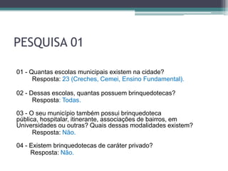 PESQUISA 01
01 - Quantas escolas municipais existem na cidade?
Resposta: 23 (Creches, Cemei, Ensino Fundamental).
02 - Dessas escolas, quantas possuem brinquedotecas?
Resposta: Todas.
03 - O seu município também possui brinquedoteca
pública, hospitalar, itinerante, associações de bairros, em
Universidades ou outras? Quais dessas modalidades existem?
Resposta: Não.
04 - Existem brinquedotecas de caráter privado?
Resposta: Não.
 