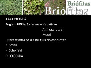 TAXONOMIA Engler (1954):  3 classes – Hepaticae Anthocerotae Musci Diferenciadas pela estrutura do esporófito Smith Schofield FILOGENIA  