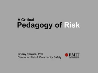 A Critical
Pedagogy of Risk


Briony Towers, PhD
Centre for Risk & Community Safety
 