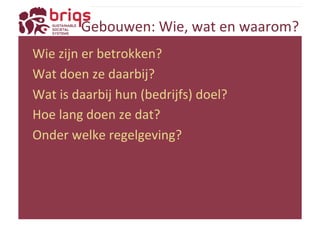 Gebouwen: 
Wie, 
wat 
en 
waarom? 
Wie 
zijn 
er 
betrokken? 
Wat 
doen 
ze 
daarbij? 
Wat 
is 
daarbij 
hun 
(bedrijfs) 
doel? 
Hoe 
lang 
doen 
ze 
dat? 
Onder 
welke 
regelgeving? 
 
