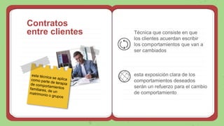Contratos
entre clientes Técnica que consiste en que
los clientes acuerdan escribir
los comportamientos que van a
ser cambiados
esta exposición clara de los
comportamientos deseados
serán un refuerzo para el cambio
de comportamiento
 