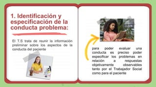 El T.S trata de reunir la información
preliminar sobre los aspectos de la
conducta del paciente
1. Identificación y
especificación de la
conducta problema:
para poder evaluar una
conducta es preciso poder
especificar los problemas en
relación a respuestas
objetivamente observables
tanto por el Trabajador Social
como para el paciente
 