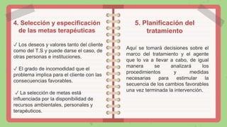 4. Selección y especificación
de las metas terapéuticas
✓ Los deseos y valores tanto del cliente
como del T.S y puede darse el caso, de
otras personas e instituciones.
✓ El grado de incomodidad que el
problema implica para el cliente con las
consecuencias favorables.
✓ La selección de metas está
influenciada por la disponibilidad de
recursos ambientales, personales y
terapéuticos.
5. Planificación del
tratamiento
Aquí se tomará decisiones sobre el
marco del tratamiento y el agente
que lo va a llevar a cabo, de igual
manera se analizará los
procedimientos y medidas
necesarias para estimular la
secuencia de los cambios favorables
una vez terminada la intervención.
 