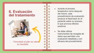 ● durante el proceso
terapéutico como después
del mismo, este
procedimiento de evaluación
produce el feed-back en el
paciente sobre su proceso ,
lo que provoca efectos
positivos
● Se debe utilizar
instrumentos de recogida de
datos que permitan una
evaluación detallada y con
eficacia del procedimiento
6. Evaluación
del tratamiento
Formulado el plan se valora
su resultado
 