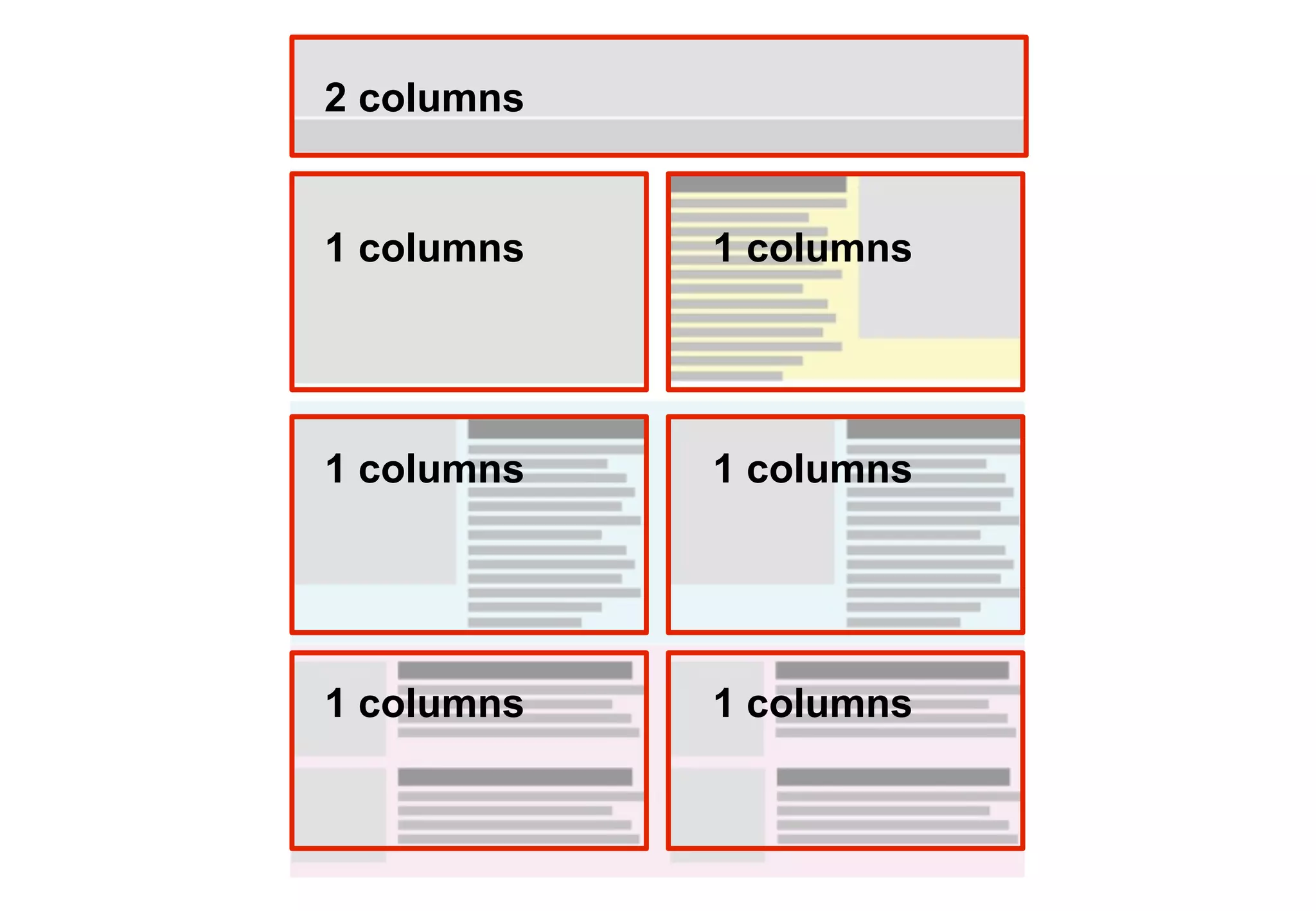 Framework 2
We could also create a second,
different grid for narrow screen.
This would allow us to control
whether columns sat beside each
other or below at a narrower
screen size.
 