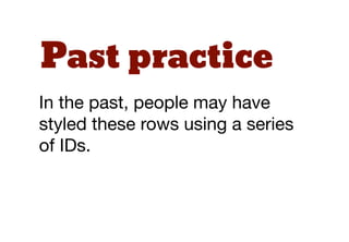 Past practice
In the past, people may have
styled these rows using a series
of IDs.
 