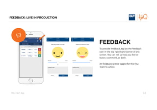 HiQ – QUT	App
FEEDBACK: LIVE IN PRODUCTION
14
FEEDBACK
To	provide	feedback,	tap	on	the	feedback	
icon	in	the	top	right	hand	corner	of	any	
screen.	You	can	tell	us	how	you	feel	or	
leave	a	comment,	or	both.
All	feedback	will	be	logged	for	the	HiQ
Team	to	action.
 