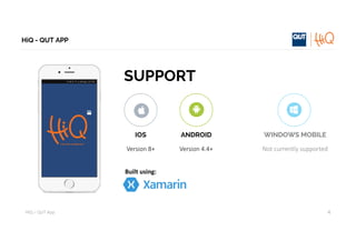 HiQ – QUT	App
HiQ - QUT APP
4
SUPPORT
IOS
Version	8+
ANDROID
Version	4.4+
WINDOWS MOBILE
Not	currently	supported
Built	using:
 