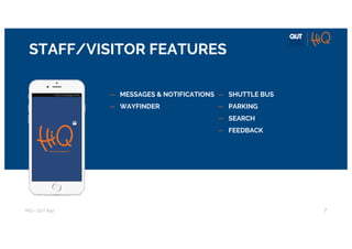 HiQ – QUT	App
STAFF/VISITOR FEATURES
7
— MESSAGES & NOTIFICATIONS
— WAYFINDER
— SHUTTLE BUS
— PARKING
— SEARCH
— FEEDBACK
 