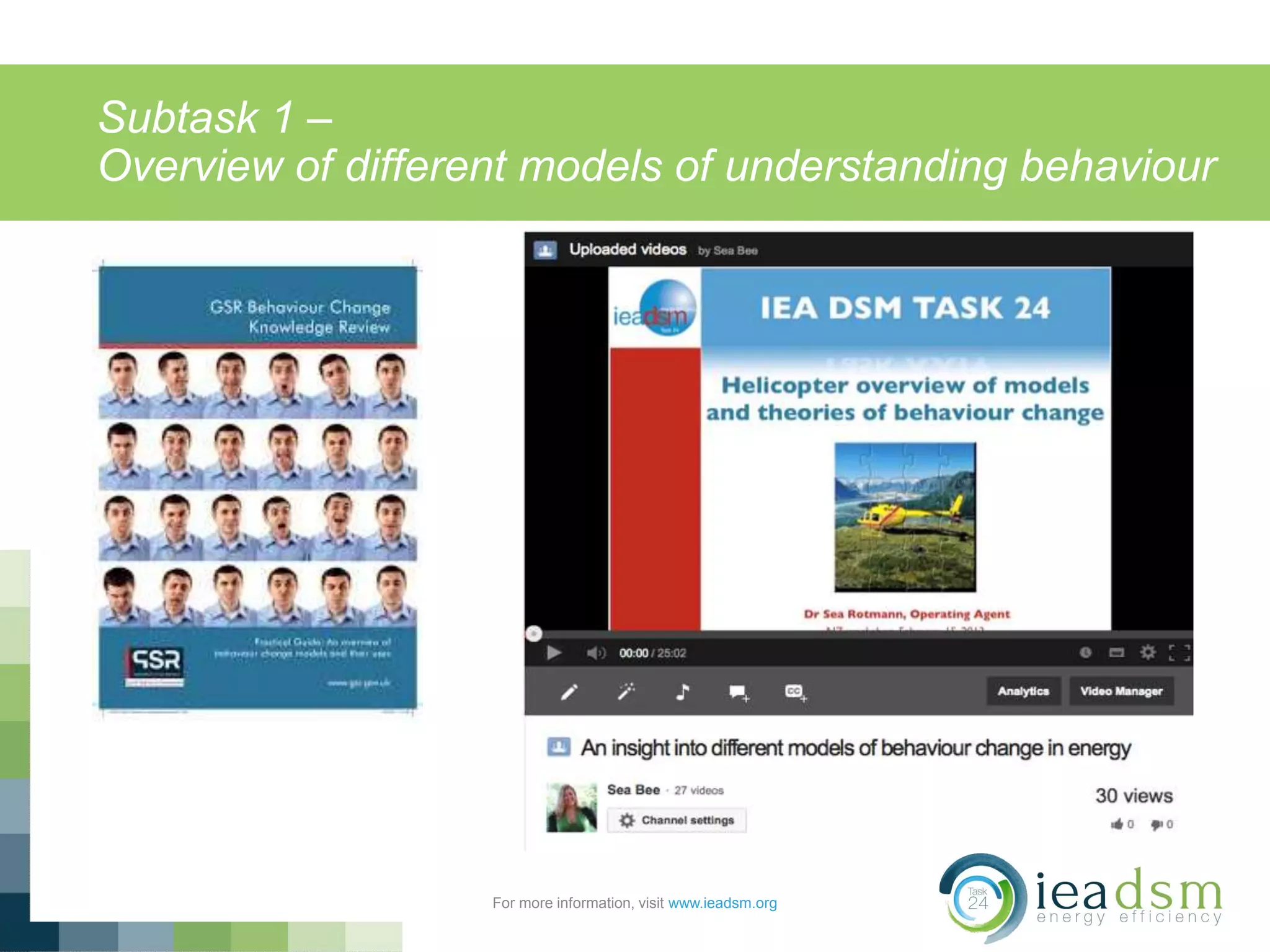 Subtask 1 –
Overview of different models of understanding behaviour
For more information, visit www.ieadsm.org
 
