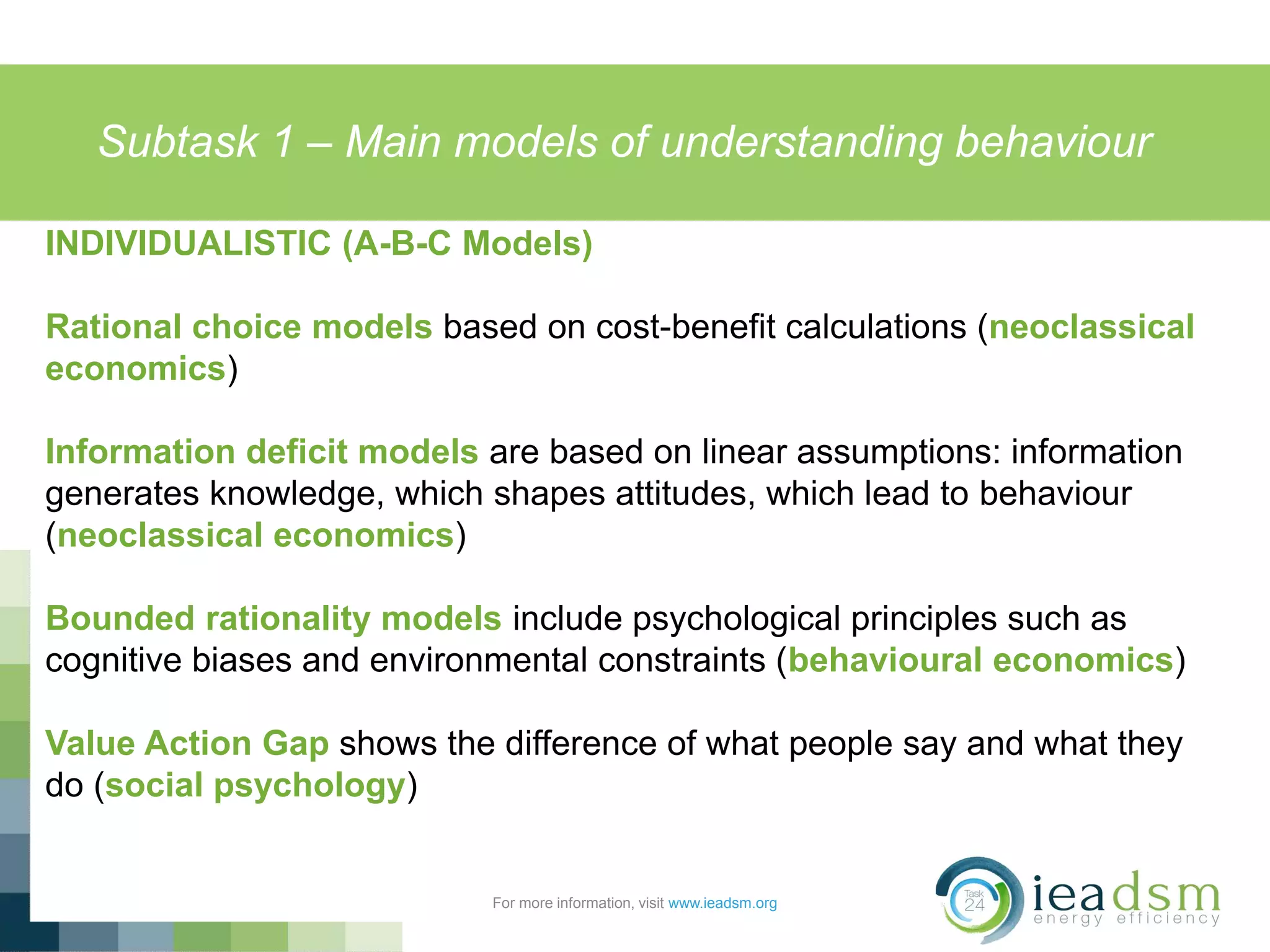 Subtask 1 – Main models of understanding behaviour
For more information, visit www.ieadsm.org
INDIVIDUALISTIC (A-B-C Models)
Rational choice models based on cost-benefit calculations (neoclassical
economics)
Information deficit models are based on linear assumptions: information
generates knowledge, which shapes attitudes, which lead to behaviour
(neoclassical economics)
Bounded rationality models include psychological principles such as
cognitive biases and environmental constraints (behavioural economics)
Value Action Gap shows the difference of what people say and what they
do (social psychology)
 