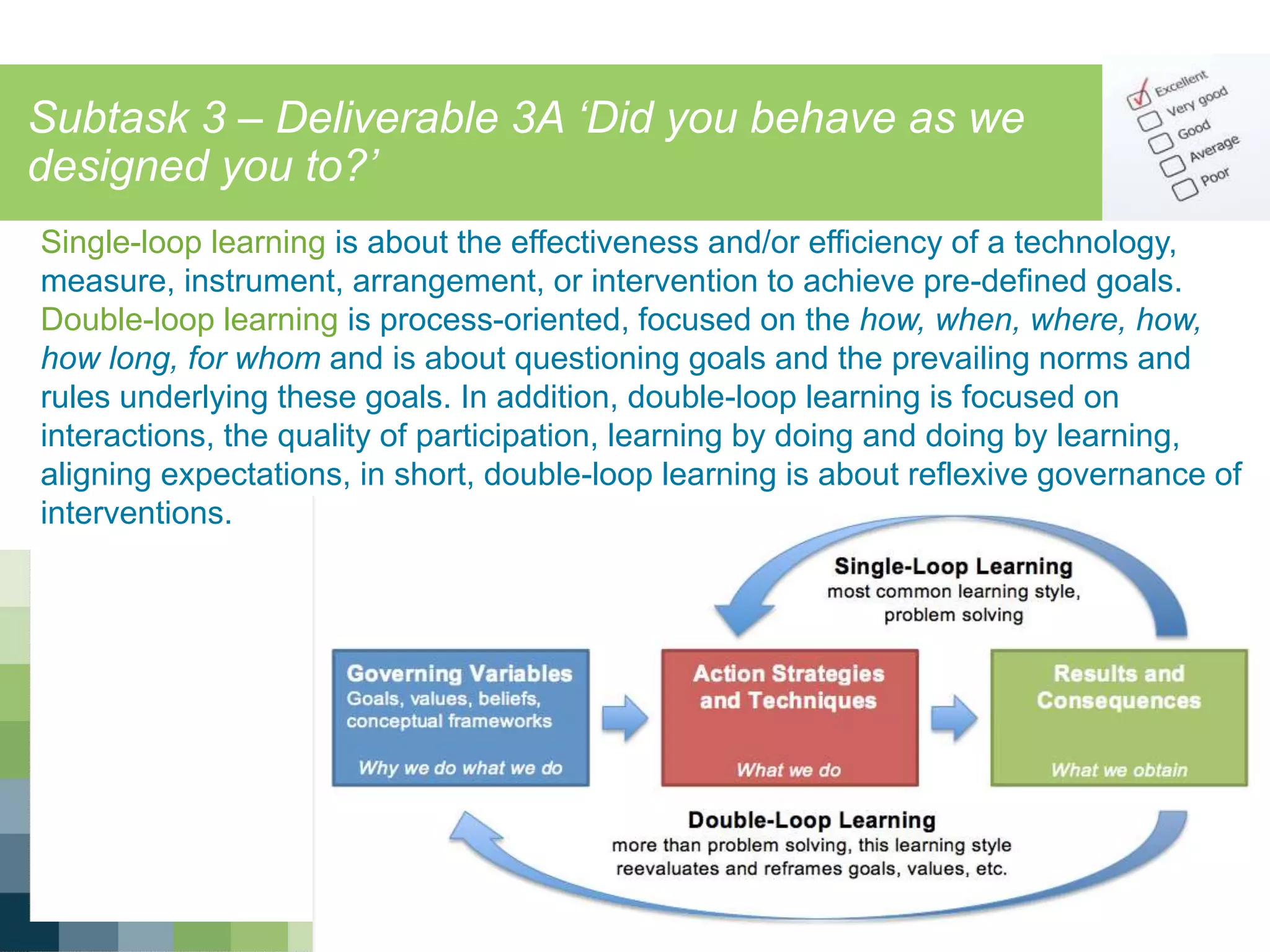 Subtask 3 – Deliverable 3A ‘Did you behave as we
designed you to?’
For more information, visit www.ieadsm.org
Single-loop learning is about the effectiveness and/or efficiency of a technology,
measure, instrument, arrangement, or intervention to achieve pre-defined goals.
Double-loop learning is process-oriented, focused on the how, when, where, how,
how long, for whom and is about questioning goals and the prevailing norms and
rules underlying these goals. In addition, double-loop learning is focused on
interactions, the quality of participation, learning by doing and doing by learning,
aligning expectations, in short, double-loop learning is about reflexive governance of
interventions.
 